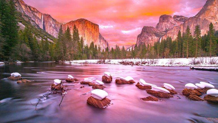 Yosemite National Park at dusk with snow caps